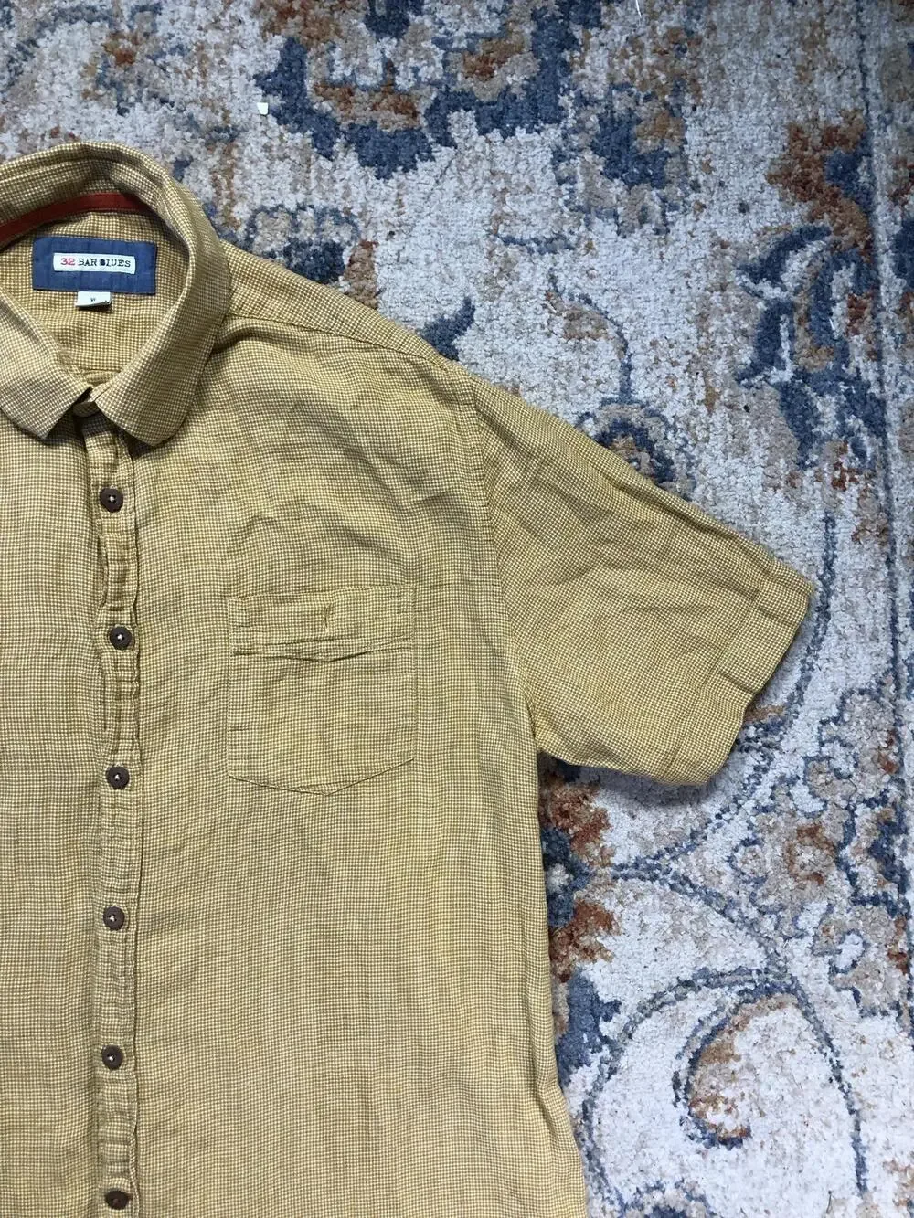 32 Bar Blues Shirt Mens XL Yellow Check Short Sleeve Button Up Casual Cotton